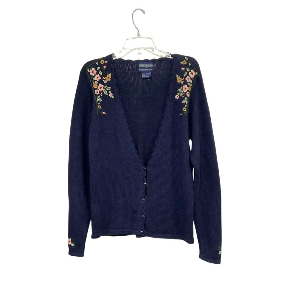 VTG 90s Herman Geist Navy Cardigan Floral Hand Embroidery Sz Small Button Front